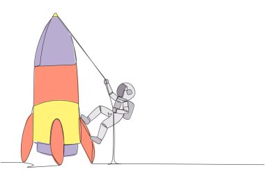 Tek sıra halinde genç astronot halatla rokete tırmanıyor. Yeni bir şube açma niyetini belirle. İşi büyütmek için çok çalış. Akıllıca bir çalışma. Devamlı çizgi tasarımı grafik çizimi