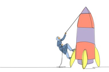 Arap iş kadınlarını çeken tek sıra halatla rokete tırmanıyor. Yeni bir şube açma niyetini belirle. İşi büyütmek için çok çalış. Akıllıca bir çalışma. Bir çizgi tasarımı vektör illüstrasyonu