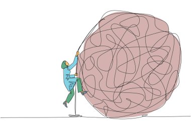 Arap iş kadını sürekli olarak halatla büyük bir karmaşa çemberine tırmanıyor. Düşüncelerimin berraklığı için endişeyi ayaklarımın altına sermeye çalışıyorum. Akıllı iş, çok iş. Tek çizgi çizimi tasarım vektör çizimi