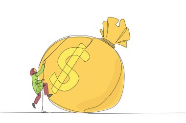 Arap iş kadınını çizen tek satır para çantasına iple tırmanır. Büyük bir emeklilik fonu bulmak için daha çok çalış. Yetenekleri maksimuma çıkar. Devamlı çizgi tasarımı grafik çizimi