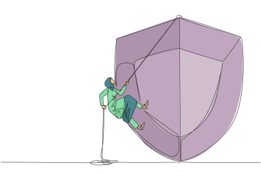 Arap iş kadını tek sıra halatla kalkanlara tırmanıyor. Müşterilere virüs saldırılarından veri toplamada yardımcı oluyor. Her katmanı kontrol edin. Sıkı çalış. Devamlı çizgi tasarımı grafik çizimi