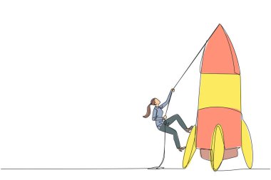 Tek sıra halinde iş kadını halatla rokete tırmanıyor. Yeni bir şube açma niyetini belirle. İşi büyütmek için çok çalış. Akıllıca bir çalışma. Devamlı çizgi tasarımı grafik çizimi