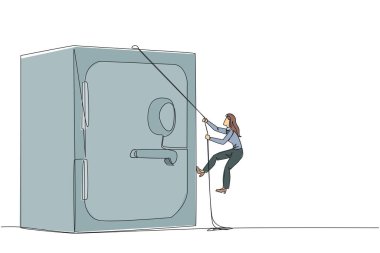 Devamlı bir sıra halinde iş kadını halatla kiralık kasaya tırmanıyor. Önemli şirket verilerini güvence altına alıyor. Güvenli ve güvenilir bir yerde saklanıyor. Tek çizgi çizimi tasarım vektör çizimi