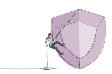 Tek sıra halinde iş kadını kalkanına iple tırmanıyor. Müşterilere virüs saldırılarından korunmaları için yardım ediyorum. Her katmanı kontrol edin. Bilişim girişimcisi. Devamlı çizgi tasarımı grafik çizimi