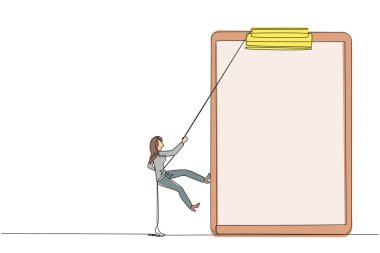 Tek sıra halinde iş kadını halatla panoya tırmanıyor. Raporlar üzerinde en iyi şekilde çalışmak için ekstra çaba. Nihai rapor bekleniyor. Sıkı çalış. Bir çizgi tasarımı vektör illüstrasyonu