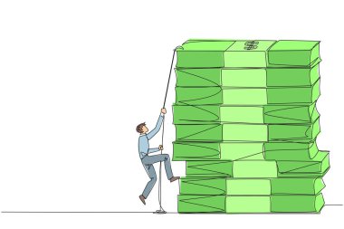 Tek sıra halinde işadamları halatla banknot yığınlarına tırmanıyor. Yeni bir iş kurmak için sermaye toplamak için sıkı çalışan. Daha iyi bir gelecek için. Bir çizgi tasarımı vektör illüstrasyonu