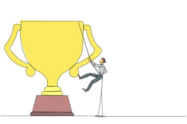 Tek sıra halinde işadamı iple kupayı tırmanıyor. Birçok ödül kazanarak markalaşma. İlişkileri bağlamak. Karşılıklı fayda. Devamlı çizgi tasarımı grafik çizimi