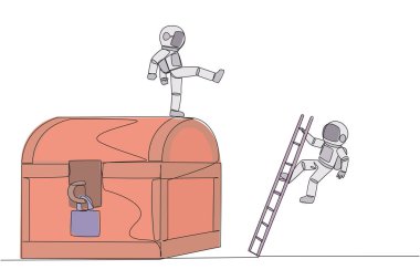 Tek sıra halinde astronot, hazine sandığına merdivenle tırmanan rakibini tekmeliyor. Servet hırsı. İhanet. Haksız iş rekabeti. Bir çizgi tasarımı vektör illüstrasyonu