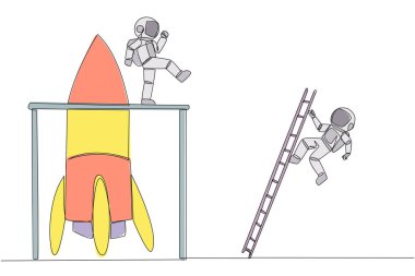 Tek sıra halinde astronot, rokete merdivenle tırmanan rakibini tekmeliyor. Yeni bir iş açamamak. İş arkadaşım tarafından aldatıldım. Hain. Bir çizgi tasarımı vektör illüstrasyonu