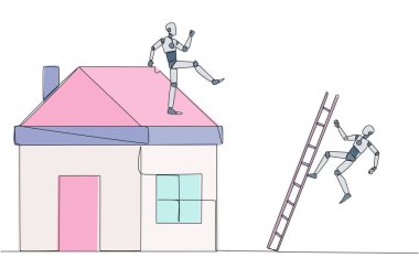 Tek sıra halinde, merdivenleri olan minyatür bir eve tırmanan akıllı robot tekmeleri atıyor. Müteahhitler tarafından yapılan dolandırıcılık metaforu. Kötü iş. Bir çizgi tasarımı vektör illüstrasyonu