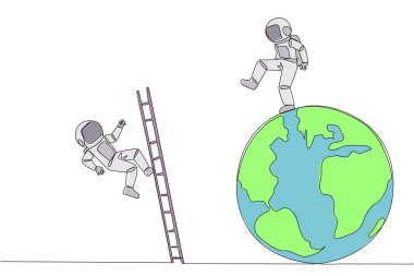 Sürekli bir çizgi çizerek astronot, bir merdivenle Dünya 'ya tırmanan rakibi tekmeliyor. Dünyanın tepesinde olmayı başaramadı. İş arkadaşına uğradım. Tek çizgi çizimi tasarım vektör çizimi