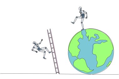 Devamlı bir çizgi, akıllı robotlar merdivenle Dünya 'ya tırmanan rakiplerini tekmeliyor. Dünyanın tepesinde olmayı başaramadı. İş arkadaşına uğradım. Tek çizgi çizimi tasarım vektör çizimi