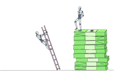 Devamlı bir çizgi çizen akıllı robot rakiplerini tekmeliyor ve merdivenle banknotlara tırmanıyor. Birlikte mücadele edin ama tek başınıza büyük kar elde etmek isteyin. Tek çizgi çizimi tasarım vektör çizimi