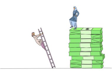 Bir satırda Arap işkadını, banknot yığınını merdivenle tırmanan rakibini tekmeliyor. Birlikte mücadele edin ama tek başınıza büyük kar elde etmek isteyin. Devamlı çizgi tasarımı grafik çizimi