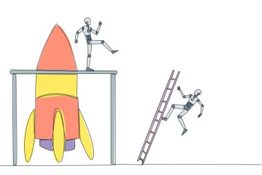 Sürekli bir çizgi çizerek robot, rokete merdivenle tırmanan rakibini tekmeliyor. Yeni bir iş açamamak. İş arkadaşım tarafından aldatıldım. Hainsin. Tek çizgi çizimi tasarım vektör çizimi