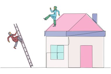 Arap iş kadınlarının sürekli çizdiği tek sıra minyatür eve merdivenle tırmanan rakibini tekmeliyor. Müteahhitler tarafından yapılan dolandırıcılık metaforu. Kötü iş. Bir çizgi tasarımı vektör illüstrasyonu