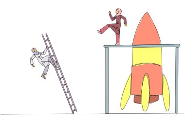 Aralıksız bir sıra çizen Arap iş kadını, roketi merdivenle tırmanan rakibini tekmeliyor. Yeni bir iş açamamak. Meslektaşım tarafından aldatıldım. Hainsin. Tek çizgi çizimi tasarım vektör çizimi