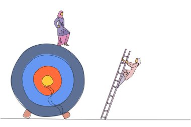 Tek sıra çizen Arap iş kadını, hedef tahtaya merdivenle tırmanan meslektaşını tekmeliyor. İş yok edicilerden kurtulma metaforu. Devamlı çizgi tasarımı grafik çizimi