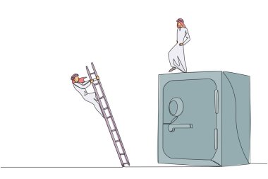 Tek sıra halinde, Arap işadamı, kiralık kasaya merdivenle tırmanan rakibini tekmeliyor. Kabaca düştü. Önemli dosyalar kaydedilemedi. Rakibim. Devamlı çizgi tasarımı grafik çizimi