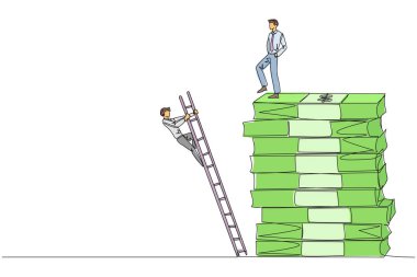 Devamlı bir çizgi halinde, rakip işadamı merdivenle banknot yığınına tırmanıyor. Birlikte mücadele edin ama tek başınıza büyük kar elde etmek isteyin. Tek çizgi çizimi tasarım vektör çizimi