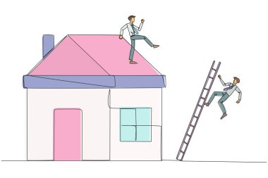 Tek sıra halinde duran işadamı, minyatür bir eve merdivenle tırmanan rakibini tekmeliyor. Müteahhitler tarafından yapılan dolandırıcılık metaforu. Kötü iş. Bir çizgi tasarımı vektör illüstrasyonu