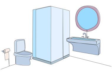 Tek sıra halinde, modern mobilyalarla şık bir banyo çiziyor. Kuru tuvaletler ve ıslak tuvaletler ile duş kabininin kurulumu. Bir çizgi tasarımı vektör illüstrasyonu