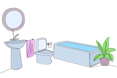 Tek sıra halinde, modern mobilyalarla şık bir banyo çiziyor. Kuru ve ıslak tuvaletler. Hijyenik olması için ekstra özen gösteriyorum. Basit bir banyo. Bir çizgi tasarımı vektör illüstrasyonu