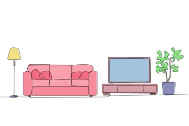 Mobilyaları modern olan şık bir oturma odası çizmeye devam et. Modern minimalist. Işık ve televizyon için zemin lambasıyla donatılmış. Tek çizgi çizimi tasarım vektör çizimi