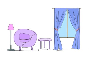 Tek sıra halinde, modern mobilyalarla şık bir oturma odası çiziyor. İskandinav iç tasarımı. Minimalist iç mekan, büyük bir giriş ve zemin lambası var. Bir çizgi tasarımı vektör illüstrasyonu