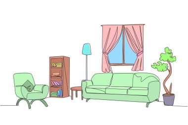 Tek sıra halinde, modern mobilyaları olan şık bir oda. İskandinav iç tasarımlı mobilya galerisi. Pencereleri doğal ışıklandırmayla açın. Devamlı çizgi tasarımı grafik çizimi