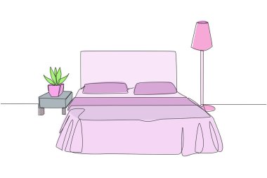Tek sıra halinde, modern mobilyaları olan şık bir oda. Modern minimalist tasarım. Işık gereksinimleri için zemin lambasıyla donatılmış. Sanayici. Devamlı çizgi tasarımı grafik çizimi