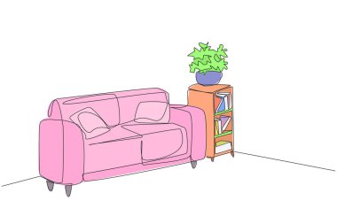 Tek sıra halinde, modern mobilyalarla şık oturma odaları çiziyor. Basit minimalist tasarım. Rahat kanepesi olan rahat bir bekleme odası. Samimi bir oda. Bir çizgi tasarımı vektör illüstrasyonu