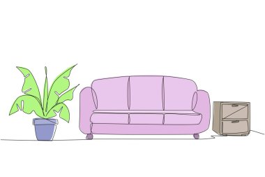 Mobilyaları modern olan şık bir oturma odası çizmeye devam et. Rahat kanepesi olan rahat bir bekleme odası. Modern minimalist tasarım. Samimi. Tek çizgi çizimi tasarım vektör çizimi
