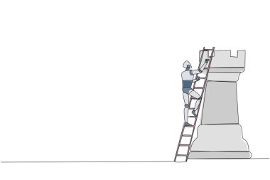 Tek sıra halinde akıllı robotik çizgiler çizerek dev bir satranç taşına merdiven dayayarak tırman. İş stratejisi ve pazarlama planı. İş konseptinde stratejik bir hamle. Bir çizgi tasarımı vektör illüstrasyonu