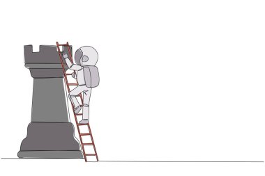 Genç astronotların çizdiği tek çizgi, merdivenle dev bir satranç taşı. İş stratejisi ve pazarlama planı. İş konseptinde stratejik bir hamle. Devamlı çizgi tasarımı grafik çizimi