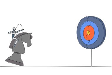 Tek sıra halinde, akıllı robot teknolojisi, okçuluğu elinde tutarak satranç atının taşını hedef alıyor. Stratejik bir kavram. Başarılı bir işletme yöneticisi. Bir çizgi tasarımı vektör illüstrasyonu