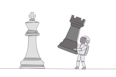 Genç astronotların çizdiği tek çizgi, satrancı yenmek için kaleyi elinde tutuyor. Stratejik planlama, iş geliştirme stratejisi, girişimcilik taktikleri. Bir çizgi tasarımı vektör illüstrasyonu