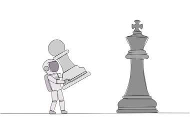Tek sıra çizen genç astronot satrancı yenmek için piyon tutuyor. Stratejik planlama, iş geliştirme stratejisi, girişimcilik taktikleri. Devamlı çizgi tasarımı grafik çizimi