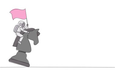 Tek sıra halinde genç enerjik astronot büyük bir satranç atına biniyor ve elinde bayrak, strateji, rekabetçi ve stratejik bir iş konsepti taşıyor. Devamlı çizgi tasarımı grafik çizimi