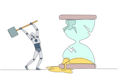 Devamlı bir çizgi halinde robot büyük kum saatine çarpmaya hazırlanıyor. Anımsatıcıları sil. Kurallar olmadan çalış. Disiplinsiz. Şirkete karşı tarafsız. Tek çizgi çizimi tasarım vektör çizimi