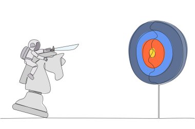 Tek sıra halinde, genç ve enerjik astronot kılıçlı büyük bir satranç atına biniyor. Strateji, iş, rekabet, başarı hedef kavramı. Devamlı çizgi tasarımı grafik çizimi