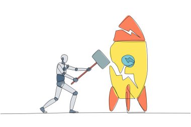 Ayakta duran bir roketi vurmaya hazırlanan akıllı robotik çizgiler. Öfke. Yeni teknolojiyi kabul etmeye hazır değilim. Yarışmaya hazır değilim. Kaybettim. Devamlı çizgi tasarımı grafik çizimi