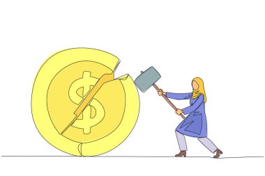 Aralıksız tek sıra halinde para basmaya hazırlanan Arap iş kadını dolar sembolü çiziyor. Yeni yatırımcı bulamadı. Gelir elde edemedi. Öfkeni ifade et. Tek çizgi çizimi tasarım vektör çizimi