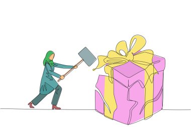 Sürekli bir satır halinde Arap iş kadını büyük bir hediye kutusuna girmeye hazırlanıyor. İş adamı hayal kırıklığını ifade eder. Görünürdeki her şeyi yok ediyor. Kızgınım. Tek çizgi çizimi tasarım vektör çizimi