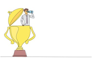 Continuous one line drawing businessman emerges from trophy looking for something through binoculars. Rewards. Winner in the most innovative business. Single line draw design vector illustration