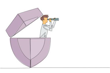 Single continuous line drawing businessman emerges from shield looks for something through binoculars. Find and develop best protection for business application. One line design vector illustration