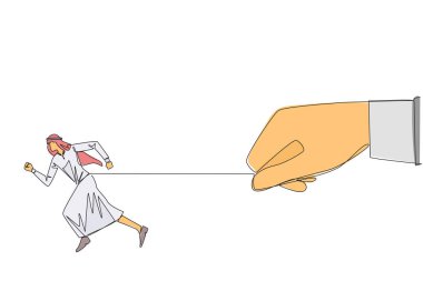 Single one line drawing Arab businessman run but stomach is tied. Difficult to develop, business running in place. There are not many benefits to be gained. Continuous line design graphic illustration