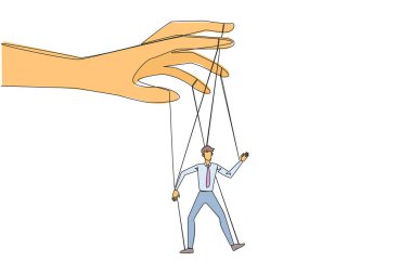 Continuous one line drawing businessman walks by being moved by ropes controlled by a giant hand above. Policies that are never implemented. Like a puppet. Single line draw design vector illustration