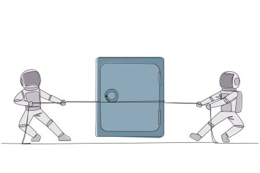 Single continuous line drawing two astronauts fighting over a safe deposit box. Fierce competition wins the safest storage space. Save expedition results. Cosmic. One line design vector illustration