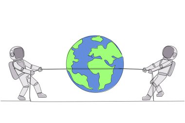 Single one line drawing two astronauts fighting over globe. Tight competition won the schedule for the first return to the earth. Complete expedition tasks. Continuous line design graphic illustration
